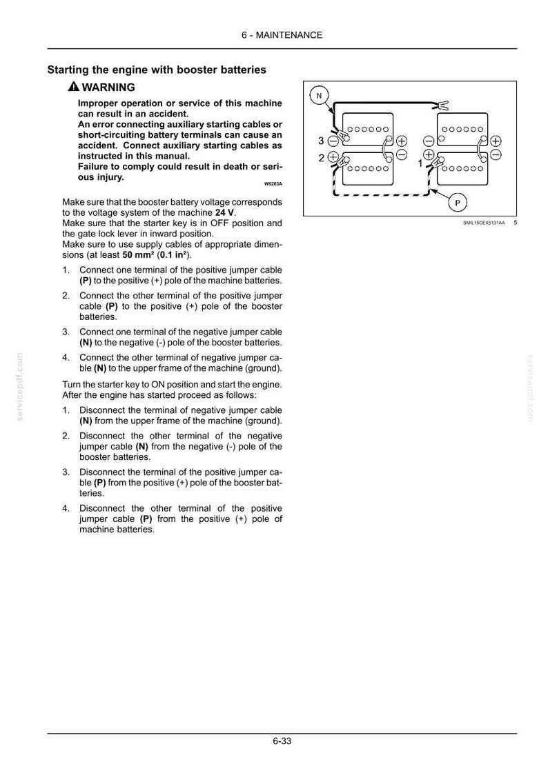May include: A maintenance manual page showing instructions for starting an engine with booster batteries. The text includes safety warnings and diagrams for connecting jumper cables to the machine and booster batteries.