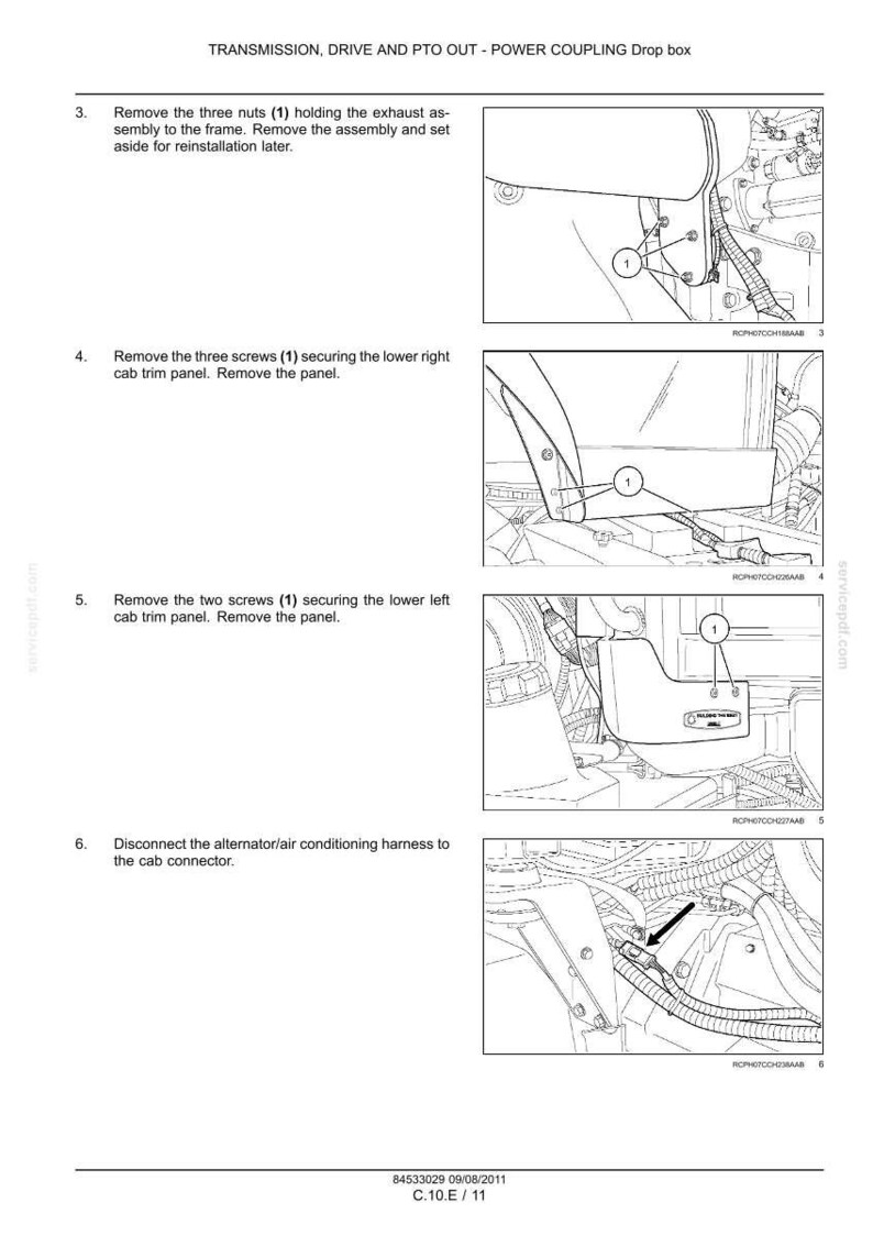 May include: Diagram from a manual showing steps for removing parts from a vehicle. The steps include removing nuts, screws, and disconnecting a harness. Text at the top reads "TRANSMISSION, DRIVE AND PTO OUT - POWER COUPLING Drop box."