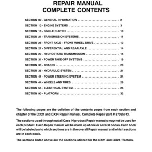 May include: A printed repair manual for DX21 and DX24 tractors. The cover displays the title "DX21, DX24 Repair Manual Complete Contents." The table of contents lists sections including engine systems, brakes, and electrical systems. The manual is printed in the USA.