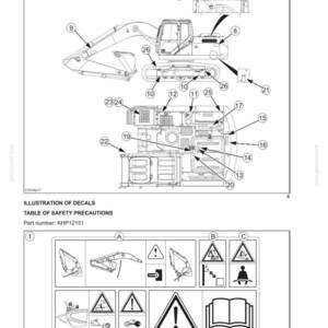 Pu&ograve; includere: Diagramma di un escavatore da costruzione con decalcomanie di sicurezza e segnali manuali. L'illustrazione include una vista dettagliata della macchina e vari simboli di avvertimento.
