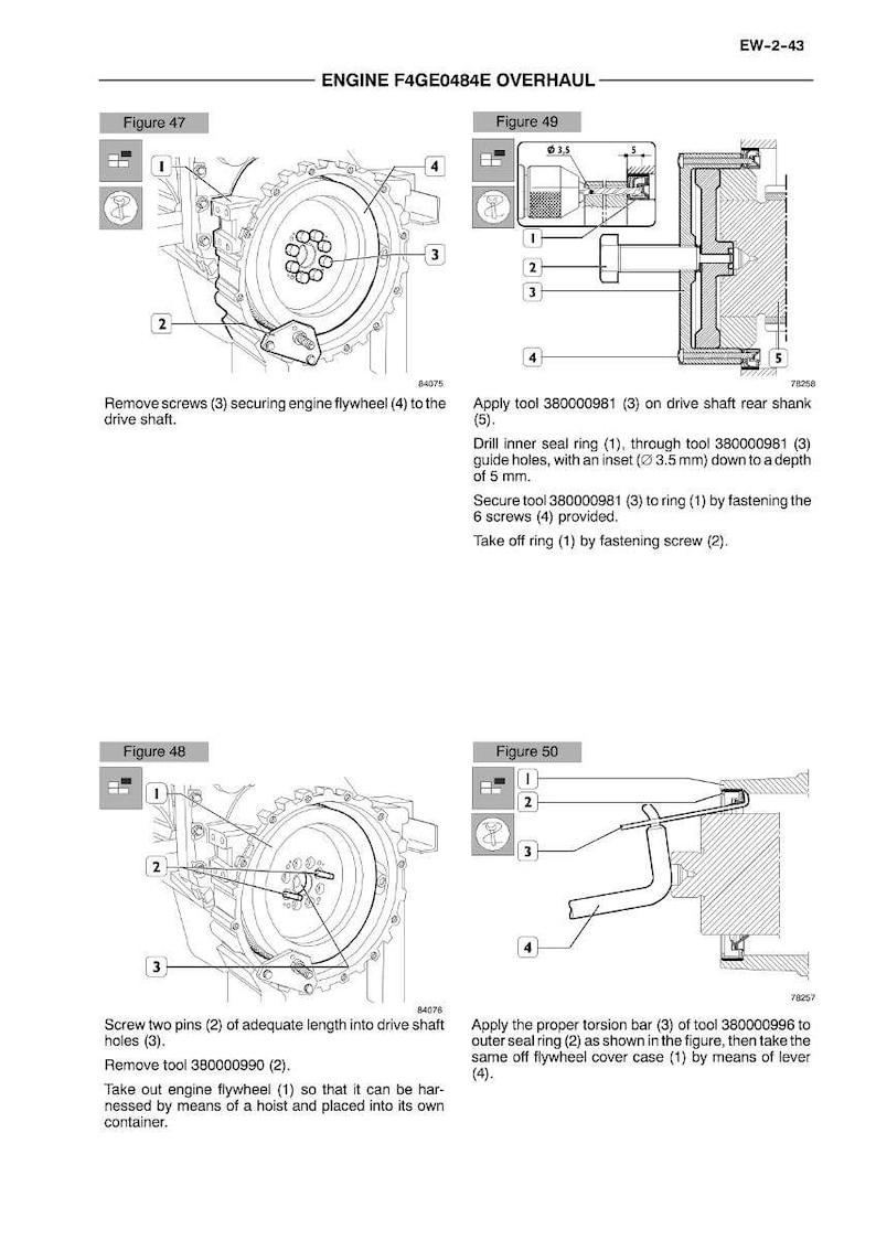 May include: Diagrams and instructions for engine overhaul, including figures 47, 48, 49, and 50. The diagrams show engine components, tools, and steps for disassembly and reassembly. Text includes measurements in millimeters.