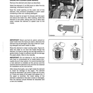 May include: Diagram of an engine air cleaner maintenance procedure. The image includes text instructions, a diagram of the air cleaner, and illustrations of the cleaning process. The text provides steps for cleaning the outer element every 250 hours.