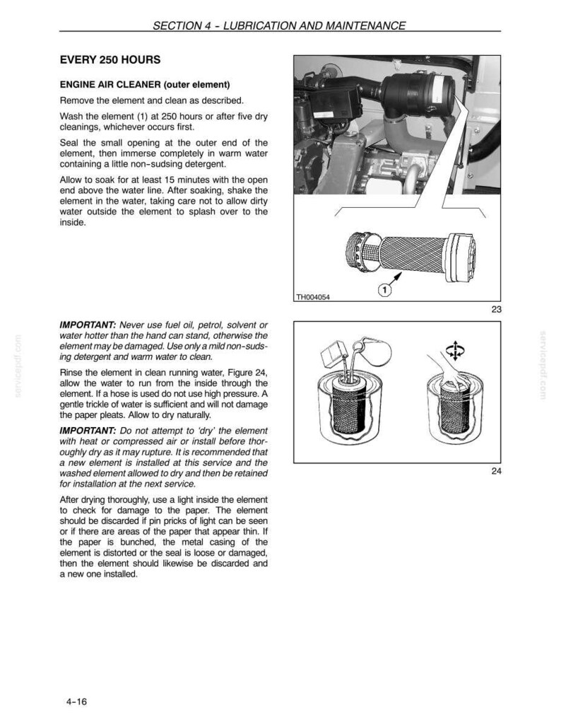 May include: Diagram of an engine air cleaner maintenance procedure. The image includes text instructions, a diagram of the air cleaner, and illustrations of the cleaning process. The text provides steps for cleaning the outer element every 250 hours.