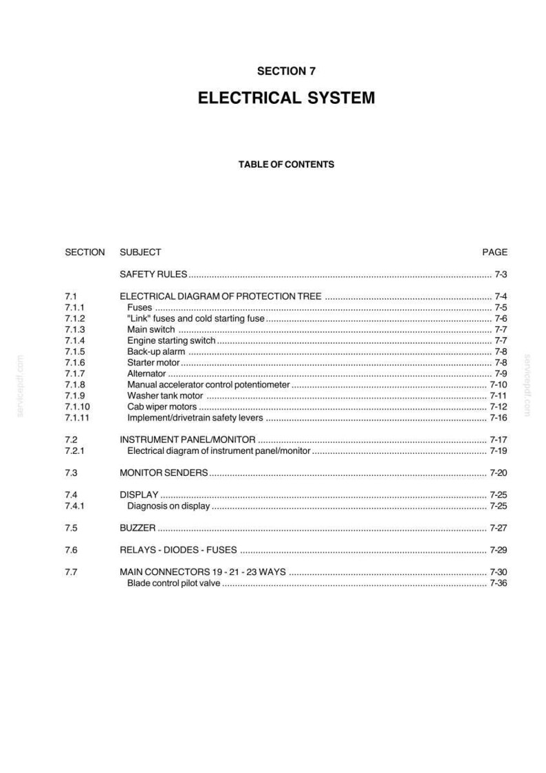 May include: A page from a manual titled "ELECTRICAL SYSTEM" with a table of contents. The table lists sections such as "Fuses", "Main switch", and "Starter motor". The page is white with black text.