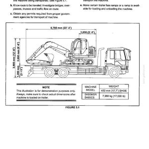 May include: A technical diagram titled Section V - TRANSPORTATION showing an excavator loaded on a flatbed truck. Dimensions include 6,760 mm (22'-2") length, 3,800 mm (12'-6") height, and a weight table for SK80MSR and SK80CS models at 17,590 lb.