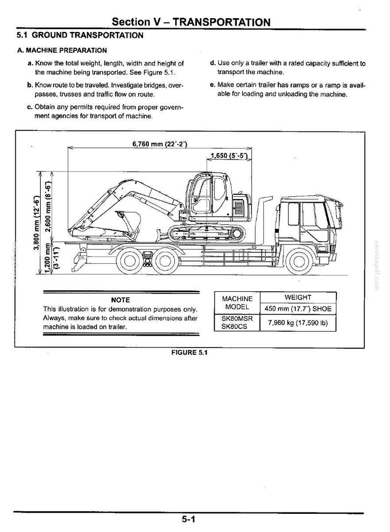 May include: A technical diagram titled Section V - TRANSPORTATION showing an excavator loaded on a flatbed truck. Dimensions include 6,760 mm (22'-2") length, 3,800 mm (12'-6") height, and a weight table for SK80MSR and SK80CS models at 17,590 lb.