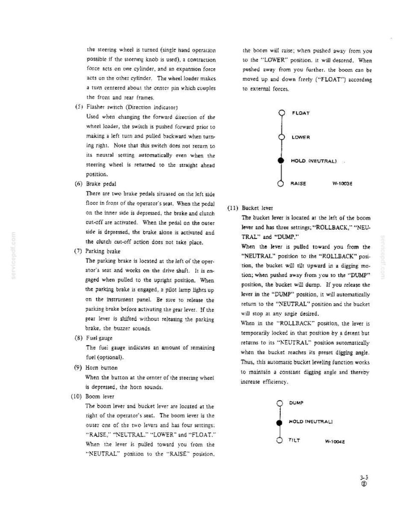 Pu&ograve; includere: Una pagina di manuale tecnico che descrive i comandi di una pala gommata, inclusi l'interruttore degli indicatori di direzione, i pedali del freno, il freno di stazionamento, l'indicatore del carburante, il clacson, la leva del braccio e la leva benna.