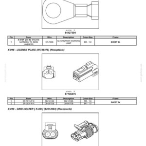 May include: Diagram of electrical connectors and harnesses, including an alternator plug, license plate receptacle, and grid heater receptacle. The diagram includes part numbers, wire descriptions, and color-size specifications for each component.