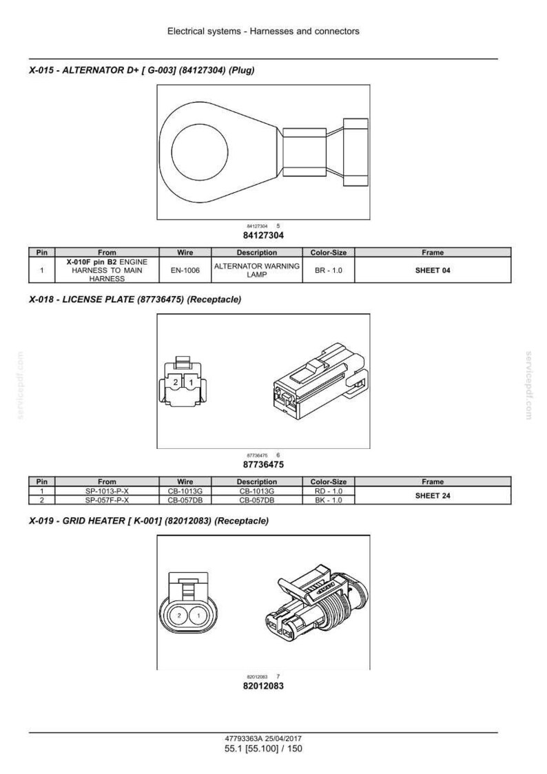 May include: Diagram of electrical connectors and harnesses, including an alternator plug, license plate receptacle, and grid heater receptacle. The diagram includes part numbers, wire descriptions, and color-size specifications for each component.