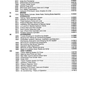 May include: A printed page from a manual, listing various mechanical components and systems, including power train, brakes, and hydraulics. The text is organized in numbered sections and subsections, with corresponding part numbers.
