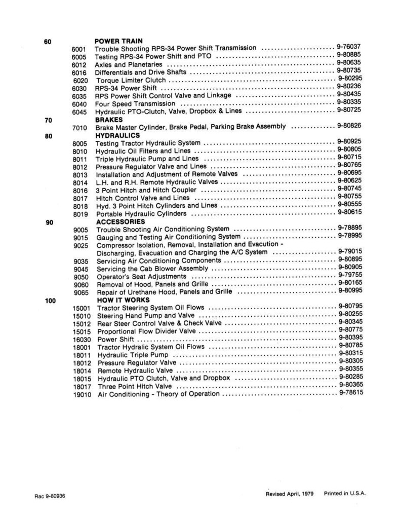 May include: A printed page from a manual, listing various mechanical components and systems, including power train, brakes, and hydraulics. The text is organized in numbered sections and subsections, with corresponding part numbers.