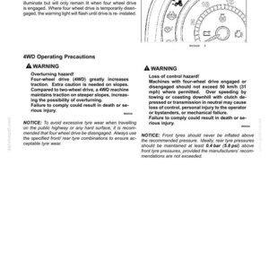 May include: A technical manual page titled 6-WORKING OPERATIONS containing text about 4WD operating precautions, warning labels regarding overturning and loss of control hazards, and a diagram of an instrument cluster with a tractor icon indicator.