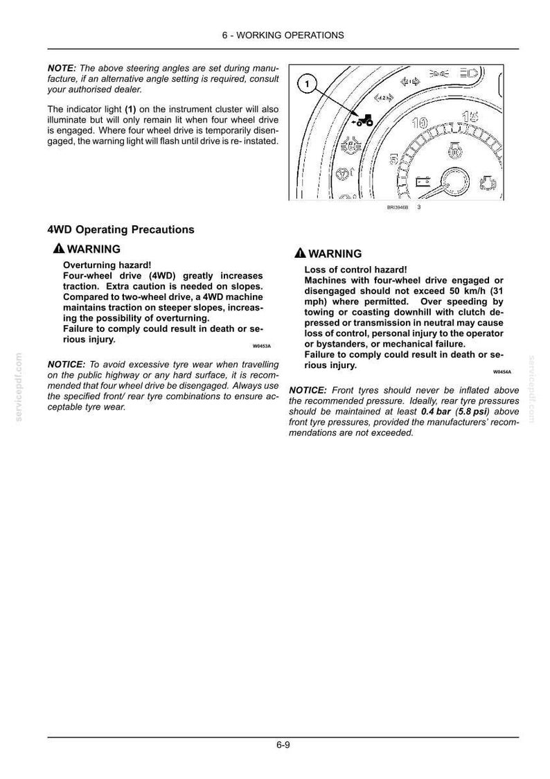 May include: A technical manual page titled 6-WORKING OPERATIONS containing text about 4WD operating precautions, warning labels regarding overturning and loss of control hazards, and a diagram of an instrument cluster with a tractor icon indicator.