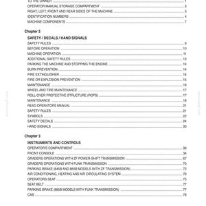 May include: A white document titled "TABLE OF CONTENTS" with a list of chapters and topics. The document covers topics such as safety rules, machine operation, and instrument controls. The document is for an operator's manual.