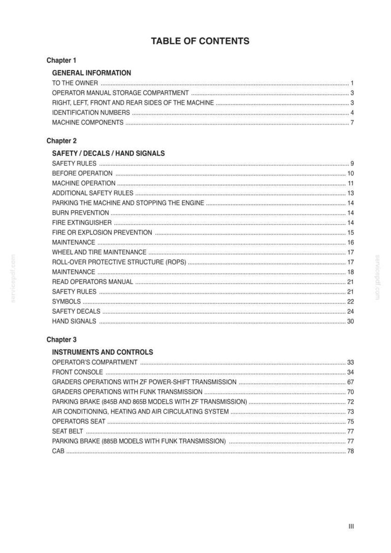 May include: A white document titled "TABLE OF CONTENTS" with a list of chapters and topics. The document covers topics such as safety rules, machine operation, and instrument controls. The document is for an operator's manual.