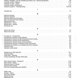 May include: A detailed page from a manual, featuring a table of contents with various machine operation and maintenance topics. The text is black on a white background, with section headings and page numbers.