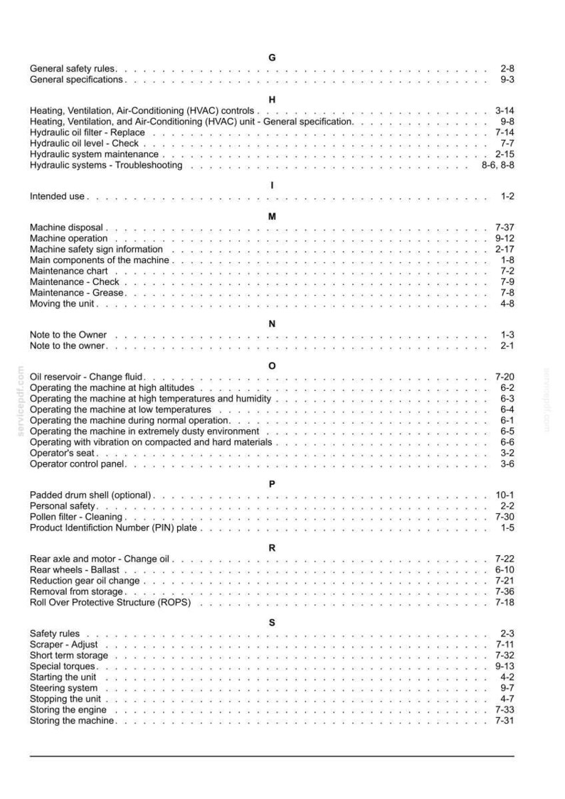May include: A detailed page from a manual, featuring a table of contents with various machine operation and maintenance topics. The text is black on a white background, with section headings and page numbers.