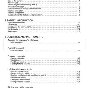 May include: A page from a manual titled "Contents" with a list of topics including "General Information", "Safety Information", and "Controls and Instruments". The text is black on a white background.