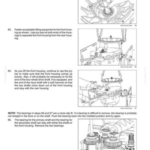 May include: Diagrams from a manual detailing the disassembly of a transmission. The images show various steps, including removing snap rings, separating housings, and removing bearings. Text instructions accompany each step.
