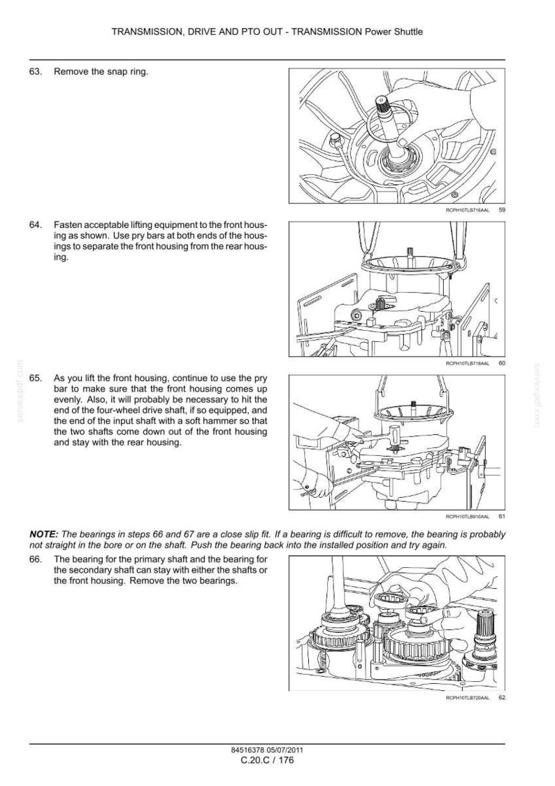 May include: Diagrams from a manual detailing the disassembly of a transmission. The images show various steps, including removing snap rings, separating housings, and removing bearings. Text instructions accompany each step.