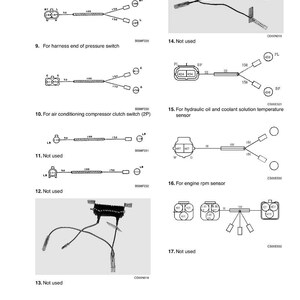 May include: Diagram of automotive electrical components, including wiring harnesses, connectors, and sensors. The diagram includes labels for pressure switches, air conditioning clutch switches, and engine RPM sensors. The image is in black and white.