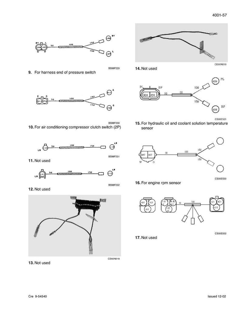 May include: Diagram of automotive electrical components, including wiring harnesses, connectors, and sensors. The diagram includes labels for pressure switches, air conditioning clutch switches, and engine RPM sensors. The image is in black and white.