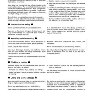 Pu&ograve; includere: Un documento in bianco e nero intitolato 2-SAFETY INFORMATION contenente linee guida di sicurezza per macchinari pesanti. Include sezioni sulla sicurezza delle utenze, temporali, montaggio e smontaggio, lavoro in quota e sollevamento di carichi.