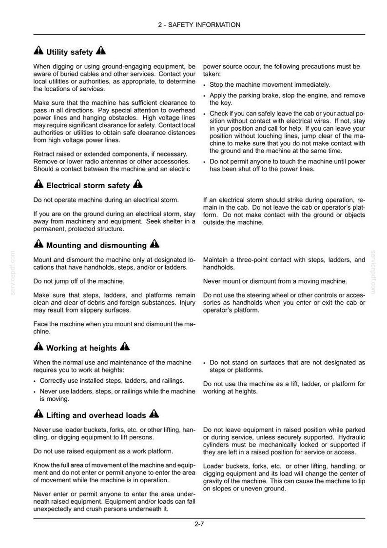 Pu&ograve; includere: Un documento in bianco e nero intitolato 2-SAFETY INFORMATION contenente linee guida di sicurezza per macchinari pesanti. Include sezioni sulla sicurezza delle utenze, temporali, montaggio e smontaggio, lavoro in quota e sollevamento di carichi.