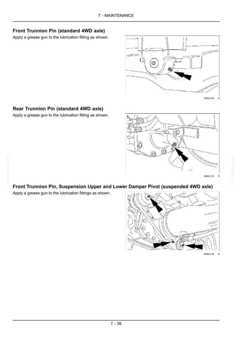 Puede incluir: Una p&aacute;gina de manual t&eacute;cnico titulada 7-MAINTENANCE que muestra tres dibujos lineales en blanco y negro de ejes de veh&iacute;culos. Los diagramas ilustran las ubicaciones del perno de mu&ntilde;&oacute;n delantero, trasero y el pivote del amortiguador.