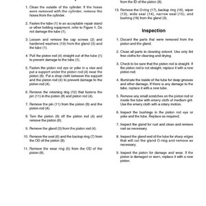 May include: A printed page with instructions for disassembling and inspecting a lift cylinder. The text includes numbered steps for disassembly and inspection, with diagrams and part numbers.