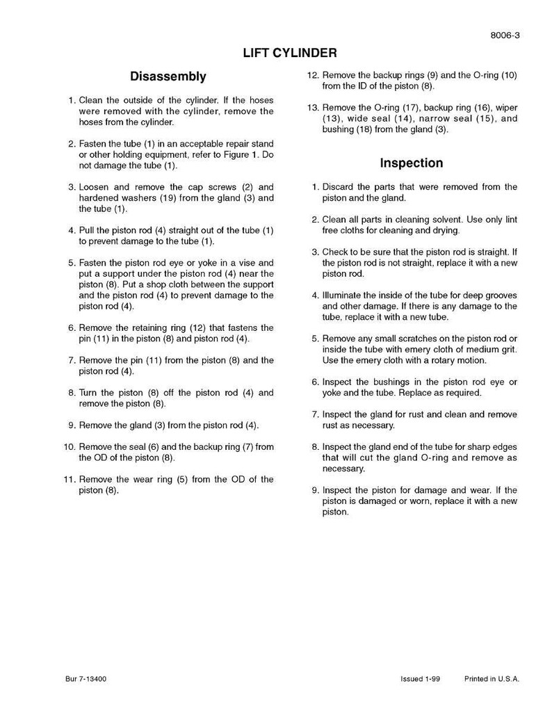 May include: A printed page with instructions for disassembling and inspecting a lift cylinder. The text includes numbered steps for disassembly and inspection, with diagrams and part numbers.