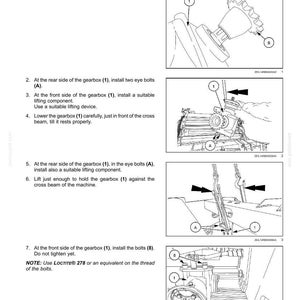 May include: Diagram illustrating the installation of a main gearbox, including steps for installing a sprocket, eye bolts, and lifting components. Text instructions and numbered parts are shown.