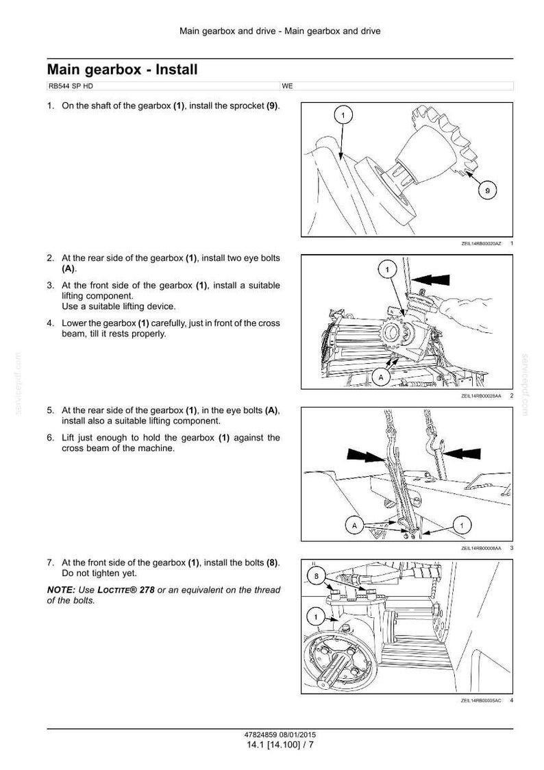 May include: Diagram illustrating the installation of a main gearbox, including steps for installing a sprocket, eye bolts, and lifting components. Text instructions and numbered parts are shown.