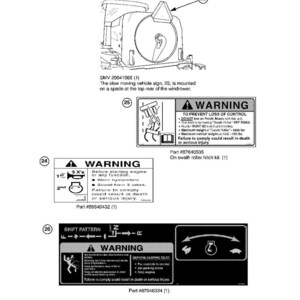May include: Diagram of a windrower with safety warning labels. The labels include warnings about starting the engine, loss of control, and shift patterns. The image also includes part numbers.