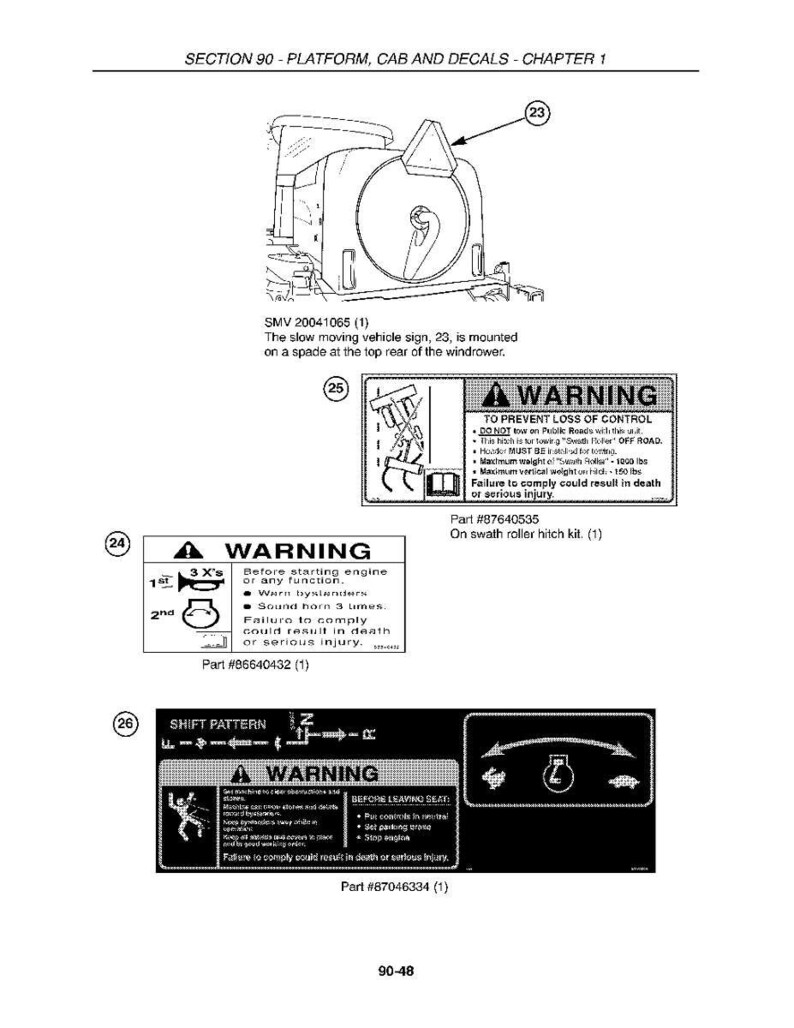 May include: Diagram of a windrower with safety warning labels. The labels include warnings about starting the engine, loss of control, and shift patterns. The image also includes part numbers.