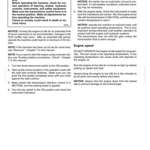 May include: A black and white document page titled 4 - OPERATING INSTRUCTIONS, detailing procedures for starting the engine and managing engine speed. It includes a warning box, numbered steps, and notices regarding machine operation and safety.
