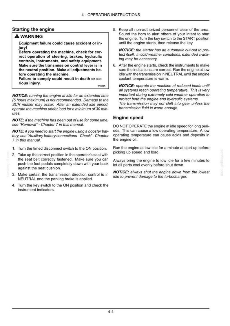 May include: A black and white document page titled 4 - OPERATING INSTRUCTIONS, detailing procedures for starting the engine and managing engine speed. It includes a warning box, numbered steps, and notices regarding machine operation and safety.