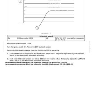 May include: Diagram of electrical systems fault codes, including a schematic with lines and labels. Text details include instructions for reconnecting a connector, accessing a fault code screen, and troubleshooting steps. The image also includes a schematic legend.
