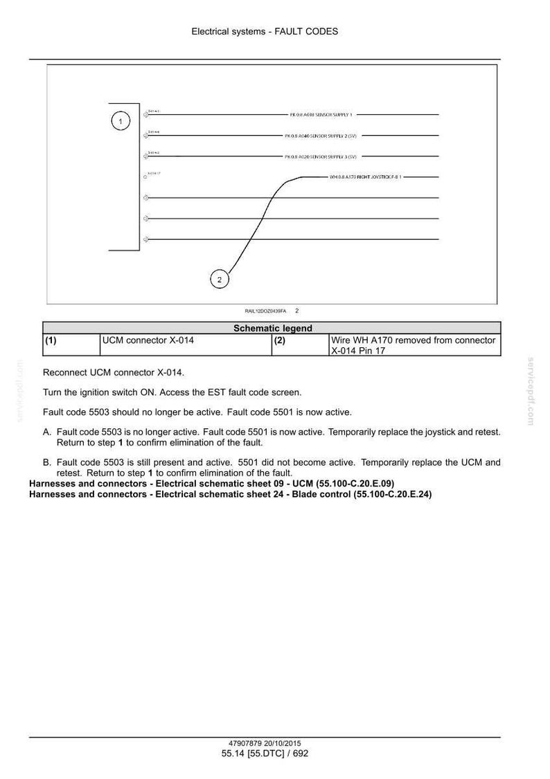 May include: Diagram of electrical systems fault codes, including a schematic with lines and labels. Text details include instructions for reconnecting a connector, accessing a fault code screen, and troubleshooting steps. The image also includes a schematic legend.
