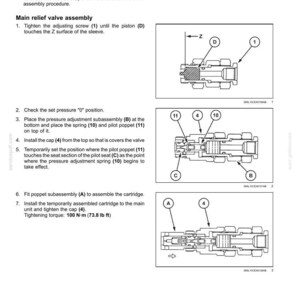 May include: Diagram of a hydraulic system's main control valve assembly, with labeled components including screws, pistons, and caps. The image includes text instructions for assembly and tightening torque specifications of 100 N-m (73.8 lb ft).