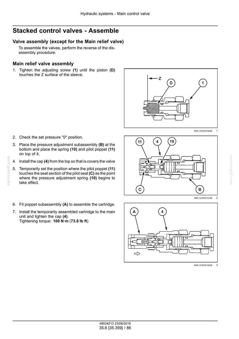 May include: Diagram of a hydraulic system's main control valve assembly, with labeled components including screws, pistons, and caps. The image includes text instructions for assembly and tightening torque specifications of 100 N-m (73.8 lb ft).