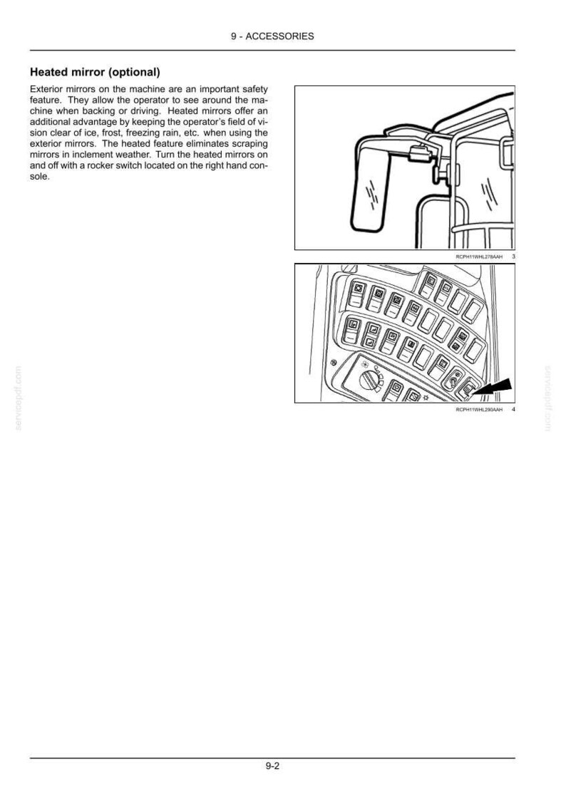 May include: Diagram of a heated exterior mirror and a control panel with multiple buttons and switches. The mirror is mounted on a vehicle, and the control panel includes a rocker switch for the heated mirrors.