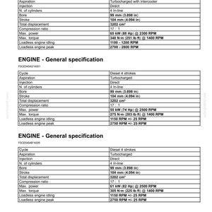 May include: Technical specifications for an engine, including bore (3.898 in), stroke (4.094 in), and displacement (3202 cm&sup3;). The document details cycle, aspiration, injection, number of cylinders, and power output in kW and HP.