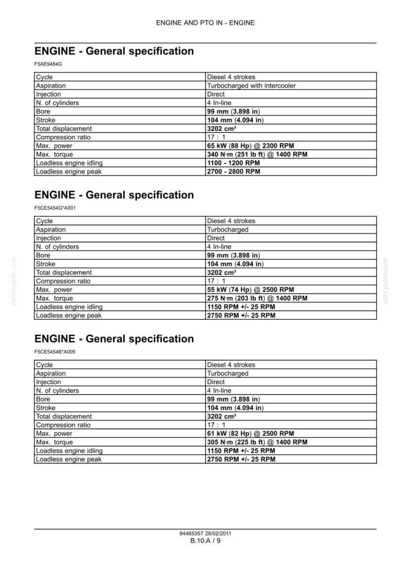 May include: Technical specifications for an engine, including bore (3.898 in), stroke (4.094 in), and displacement (3202 cm&sup3;). The document details cycle, aspiration, injection, number of cylinders, and power output in kW and HP.