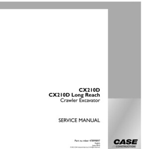May include: A white service manual with the text "CX210D Long Reach Crawler Excavator" in black. The manual also includes the text "SERVICE MANUAL" and the Case Construction logo.