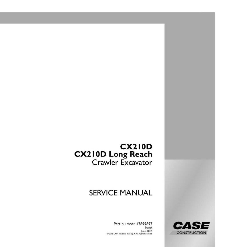 May include: A white service manual with the text "CX210D Long Reach Crawler Excavator" in black. The manual also includes the text "SERVICE MANUAL" and the Case Construction logo.