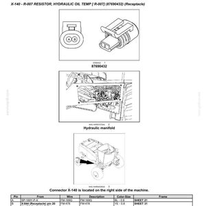 May include: Diagram of wire connectors, component diagram 14, and connector X-140 to X-149. Includes illustrations of connectors, a hydraulic manifold, and a machine diagram. Text includes part numbers and descriptions for electrical systems.