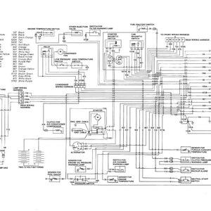 Pode incluir: Diagrama esquem&aacute;tico detalhado em preto e branco de um sistema el&eacute;trico automotivo. O diagrama inclui r&oacute;tulos para v&aacute;rios componentes, como o interruptor de temperatura do motor, o motor de arranque e o interruptor de corte de combust&iacute;vel. Inclui tamb&eacute;m chicotes de fios e conectores.