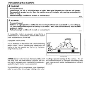 Pode incluir: Uma p&aacute;gina de documento t&eacute;cnico intitulada 5 - TRANSPORT OPERATIONS, detalhando a seguran&ccedil;a do transporte rodovi&aacute;rio para um trator. Inclui duas caixas de aviso sobre riscos e um desenho linear de um trator em um reboque.