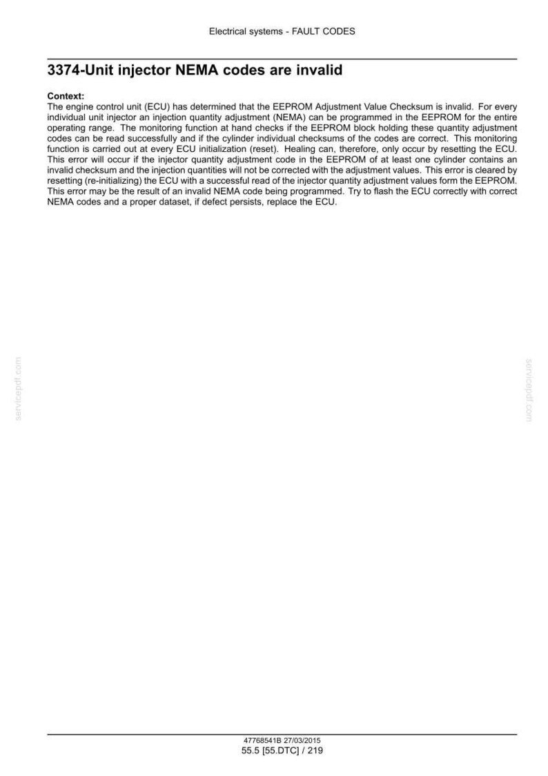 May include: A document titled "Electrical systems - FAULT CODES" with the text "3374-Unit injector NEMA codes are invalid." The document explains ECU and EEPROM functions, including error correction and NEMA codes.